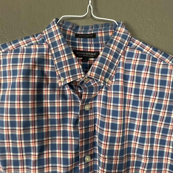 Banana Republic Mens Button Up Large | Tailored Slim Fit | Blue Red plaid - Picture 2 of 16